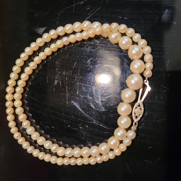 10kt White Gold Graduated Pearl Necklace 17" Vintage - Picture 3 of 14